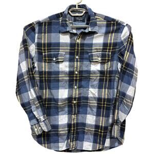 Nautica Mens Button Up Shirt Size Large Blue Yellow White Plaid 100% Cotton